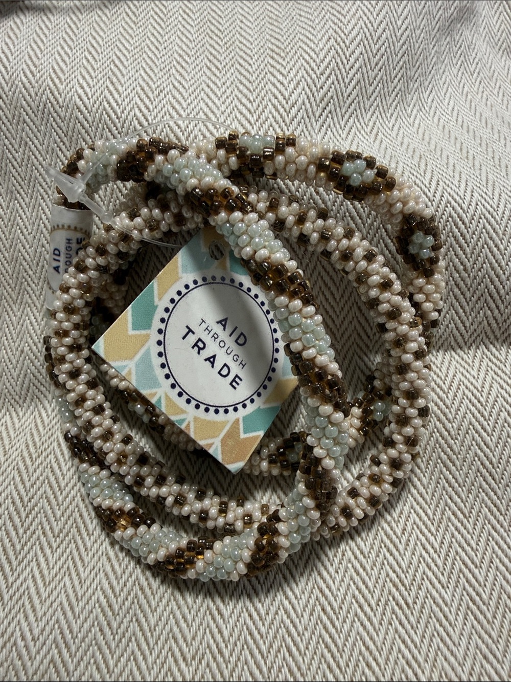 Beaded Wrap Bracelet - Cream, Brown & Pale Blue